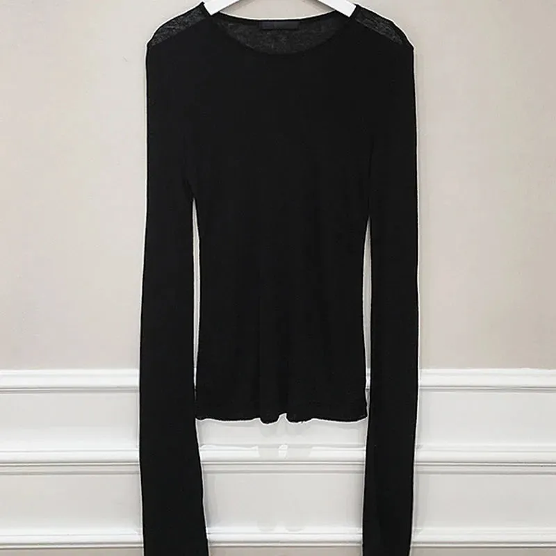 Sexy Thin Knit Sweater for Women Long Sleeve T-Shirt Slim Minimalist Stretchy Blouse Pullover Top