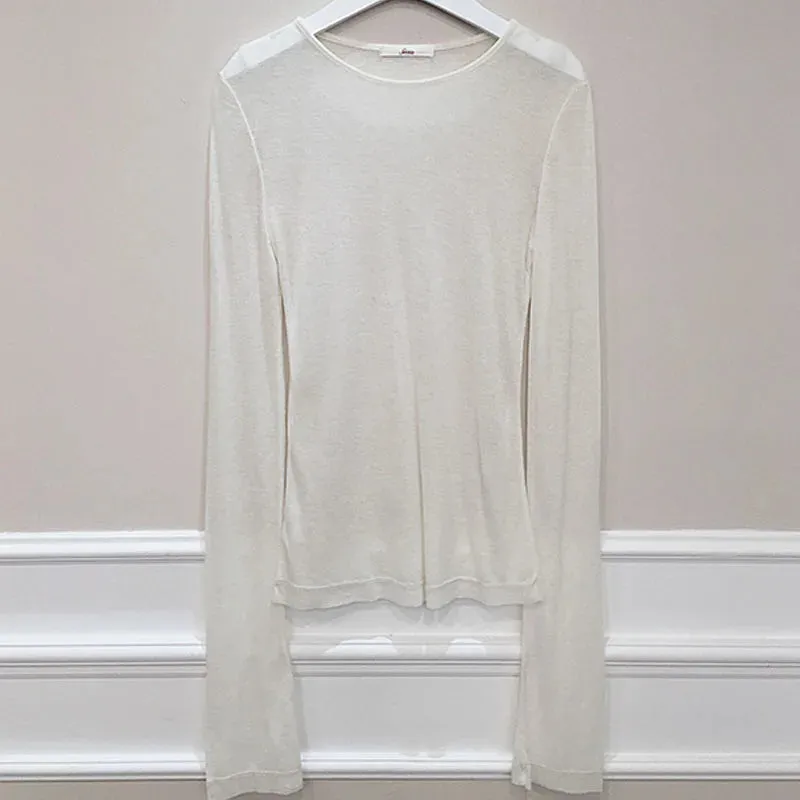 Sexy Thin Knit Sweater for Women Long Sleeve T-Shirt Slim Minimalist Stretchy Blouse Pullover Top