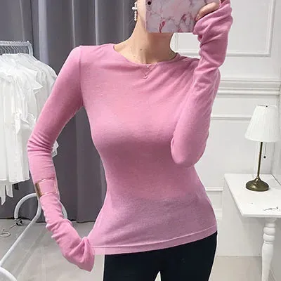 Sexy Thin Knit Sweater for Women Long Sleeve T-Shirt Slim Minimalist Stretchy Blouse Pullover Top
