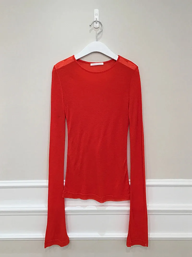 Sexy Thin Knit Sweater for Women Long Sleeve T-Shirt Slim Minimalist Stretchy Blouse Pullover Top