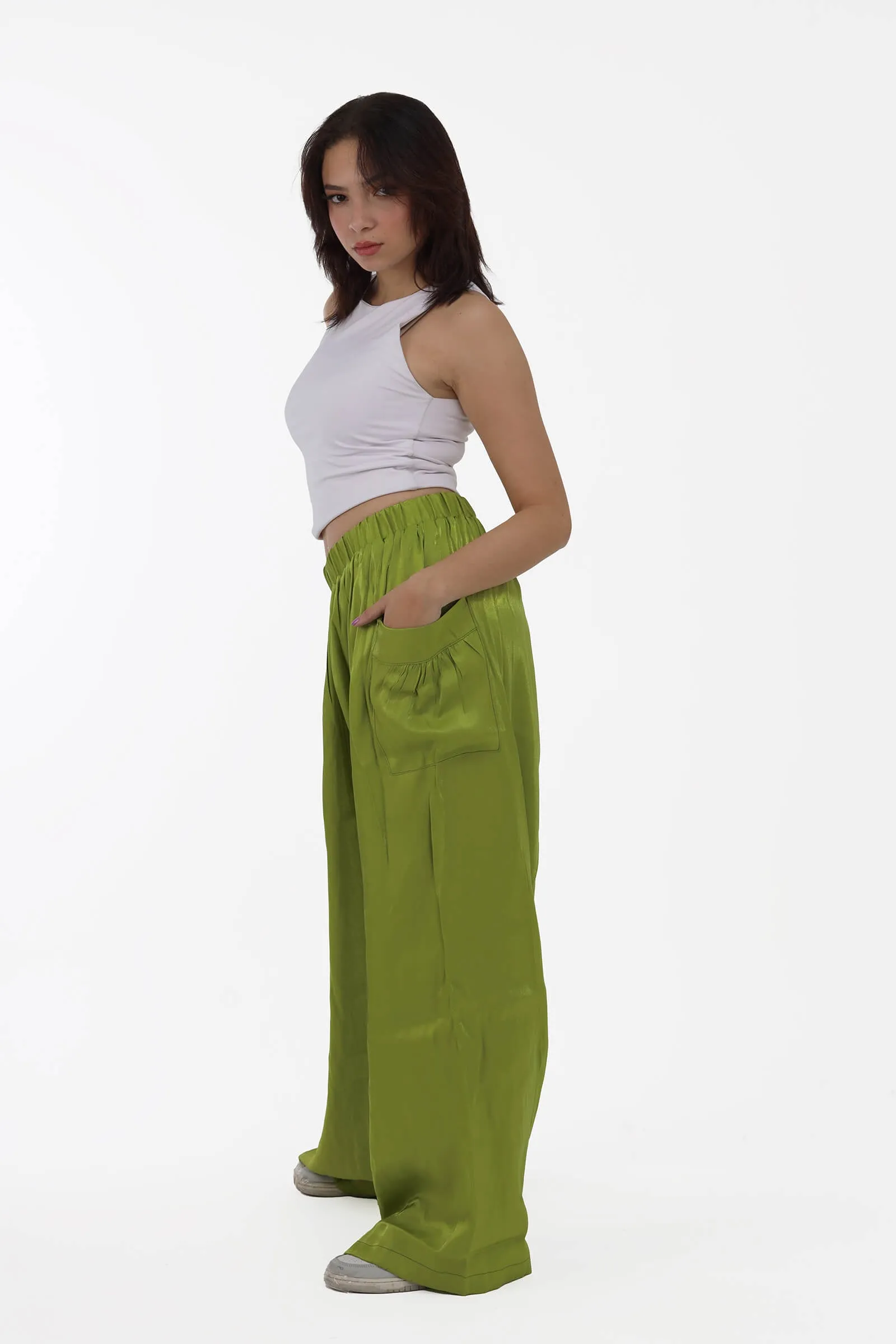 Shamar Green Satin Wide-Leg Pants