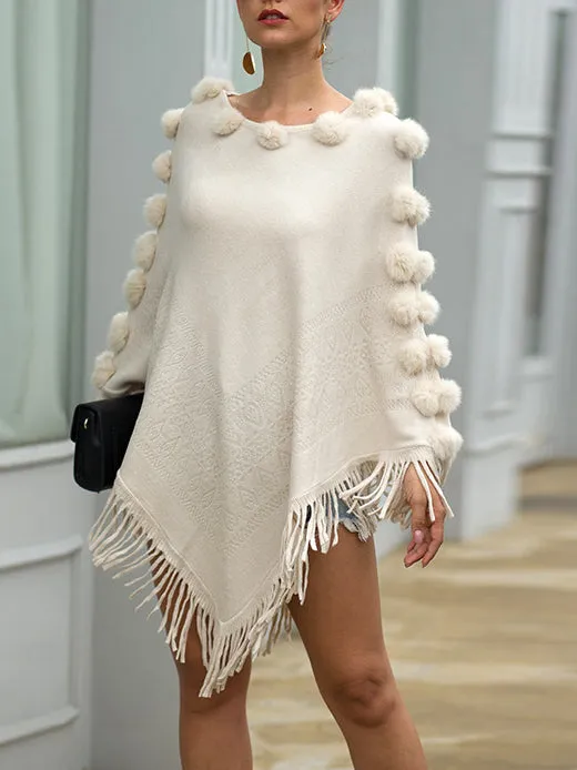 Shawl Hair Ball Round Neck Pullover Solid Color Sweater