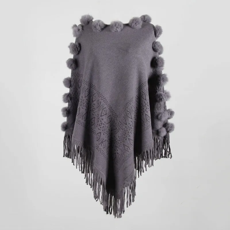 Shawl Hair Ball Round Neck Pullover Solid Color Sweater