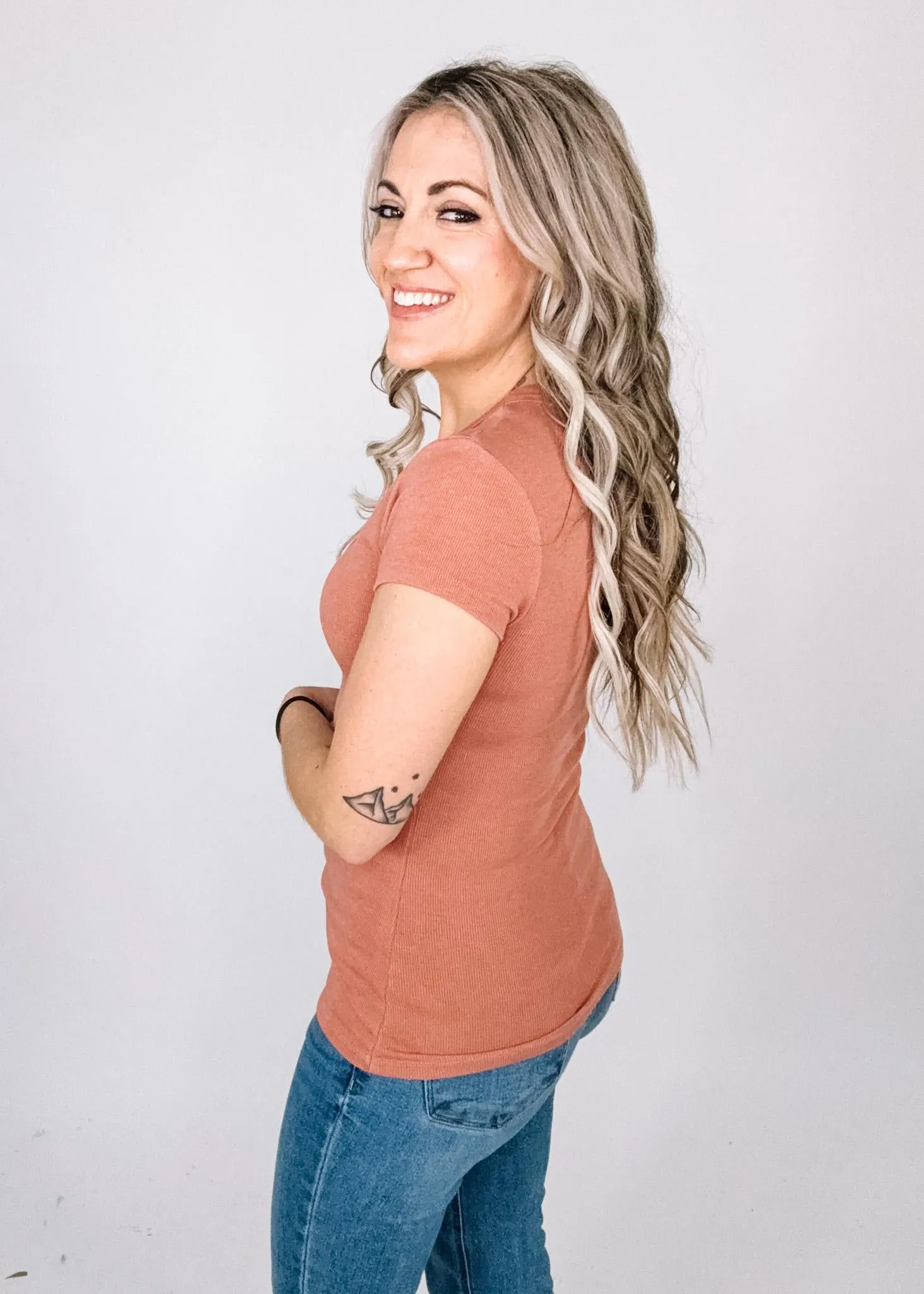 Short Sleeve Baby Rib V-Neck Top