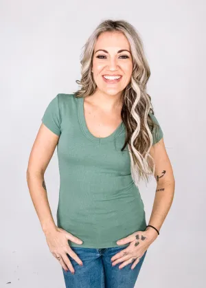 Short Sleeve Baby Rib V-Neck Top