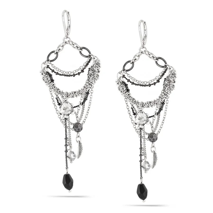 SILVER AND BLACK CHARM TASSEL EARRINGS #220SV3301 (1B8/1E18)