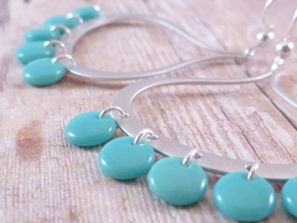 Silver Chandelier Earrings, sky blue disks, silver blue earrings, open teardrop earrings, light blue earrings, turquoise drops large western