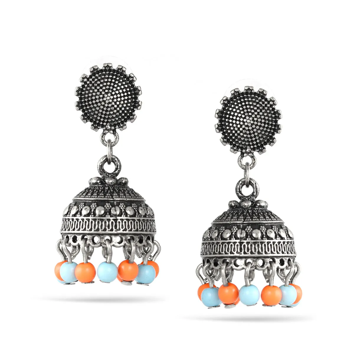 SILVER DOGRA JHUMKA TURQUOISE AND CORAL EARRINGS #SQMJY-1702SM (PF5)