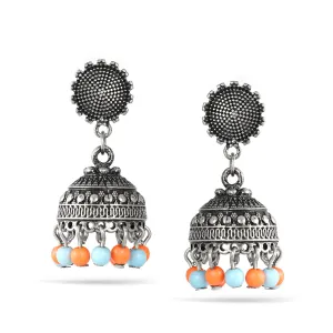 SILVER DOGRA JHUMKA TURQUOISE AND CORAL EARRINGS #SQMJY-1702SM (PF5)