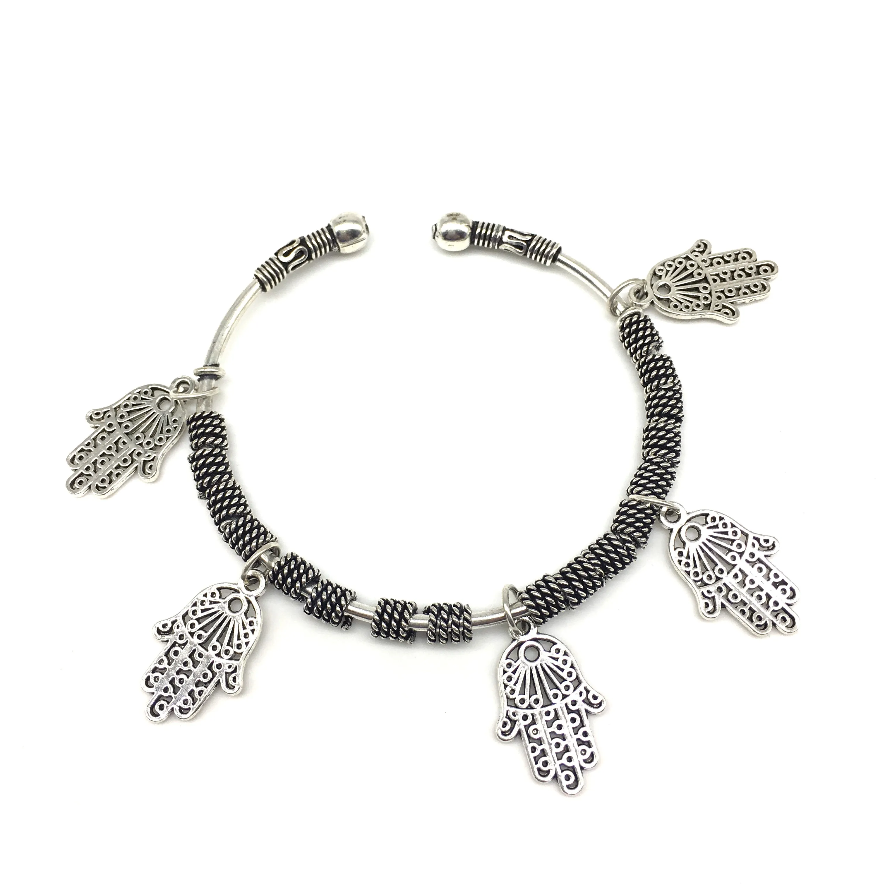 Silver Hamsa Charm Bangle