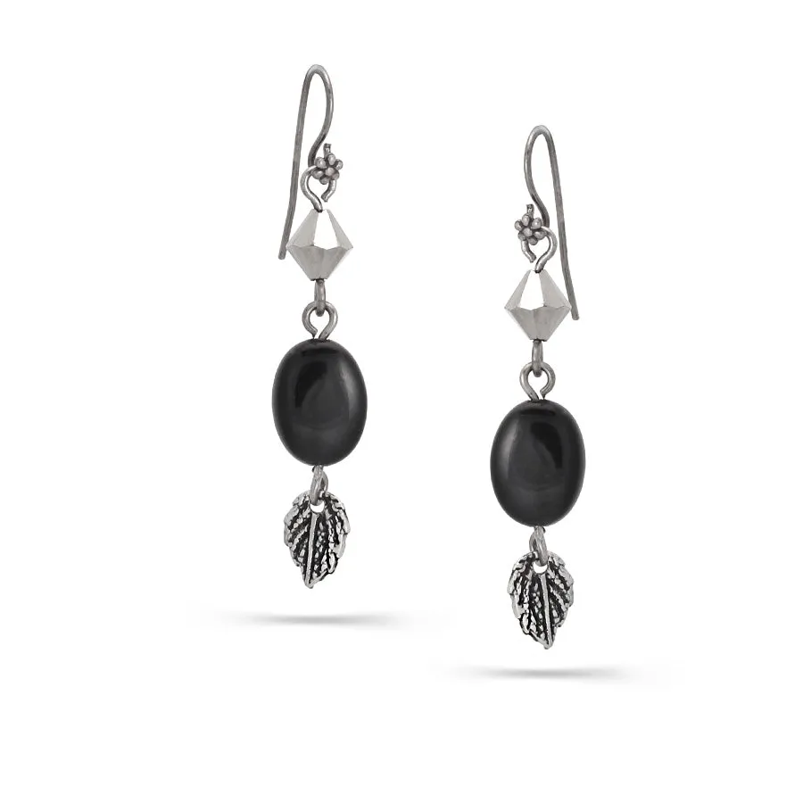 SILVER LEAF BLACK DROP EARRINGS #151BK3601 (5F9)