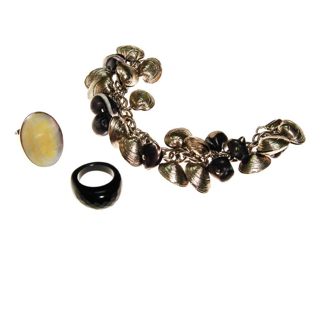 Silver Shell and Black Bead Loaded Charm Bracelet