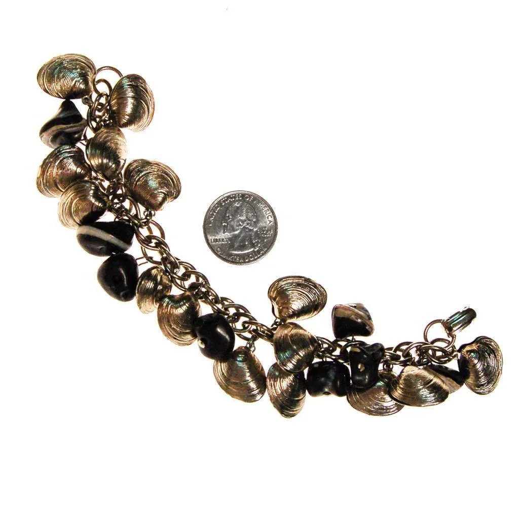 Silver Shell and Black Bead Loaded Charm Bracelet