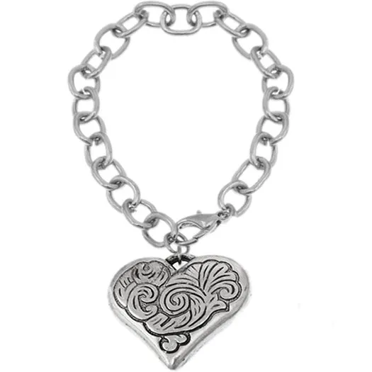 Silver Swirl Heart Charm Chain Bracelet