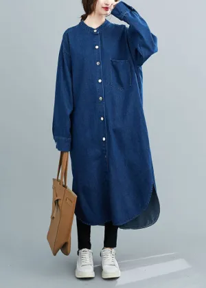 Simple Blue Patchwork Stand Collar Denim Shirt Dress Spring