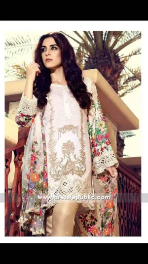 Skin and Multi-Color Floral Design Lawn Dress by Maria. B- L55