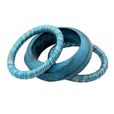'Sky over Sikkim' Mango Wood Bangle Bracelets (Set of 3)