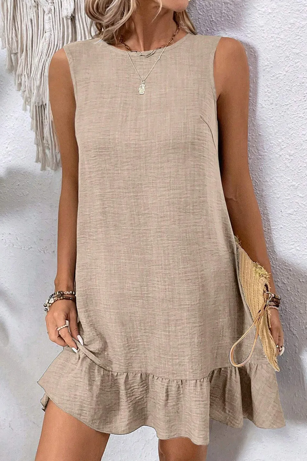 Smoke Gray Knot Scoop Back Ruffle Hem Sleeveless Mini Dress