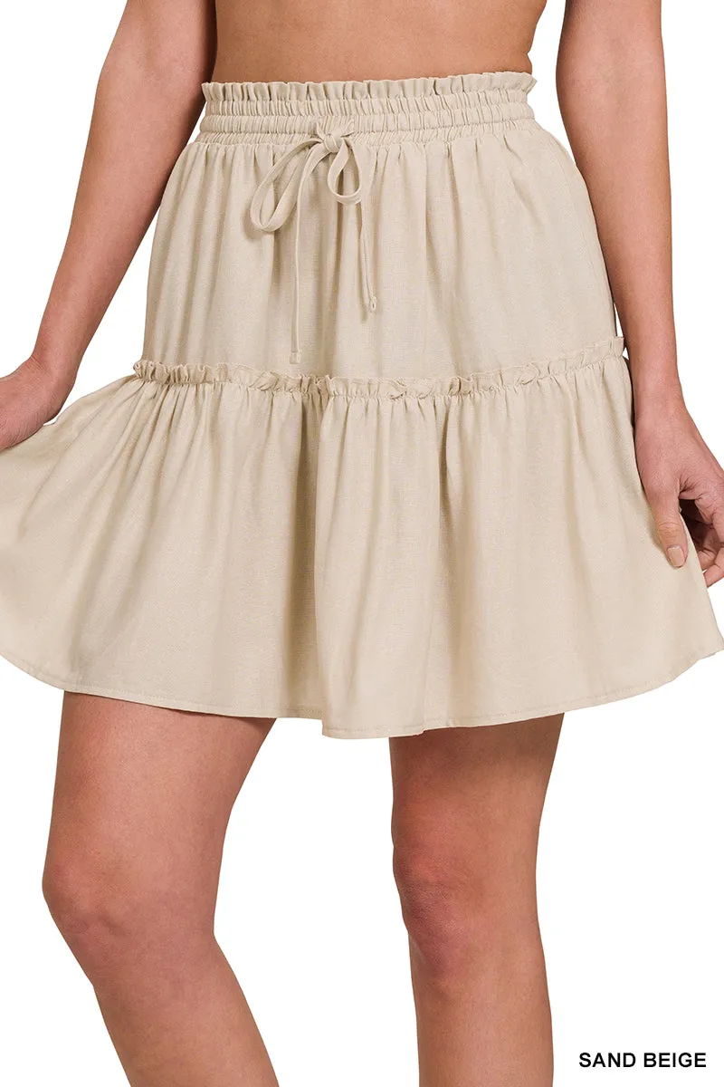 SOFT LINEN DRAWSTRING RUFFLE MINI SKIRT - Sand Beige