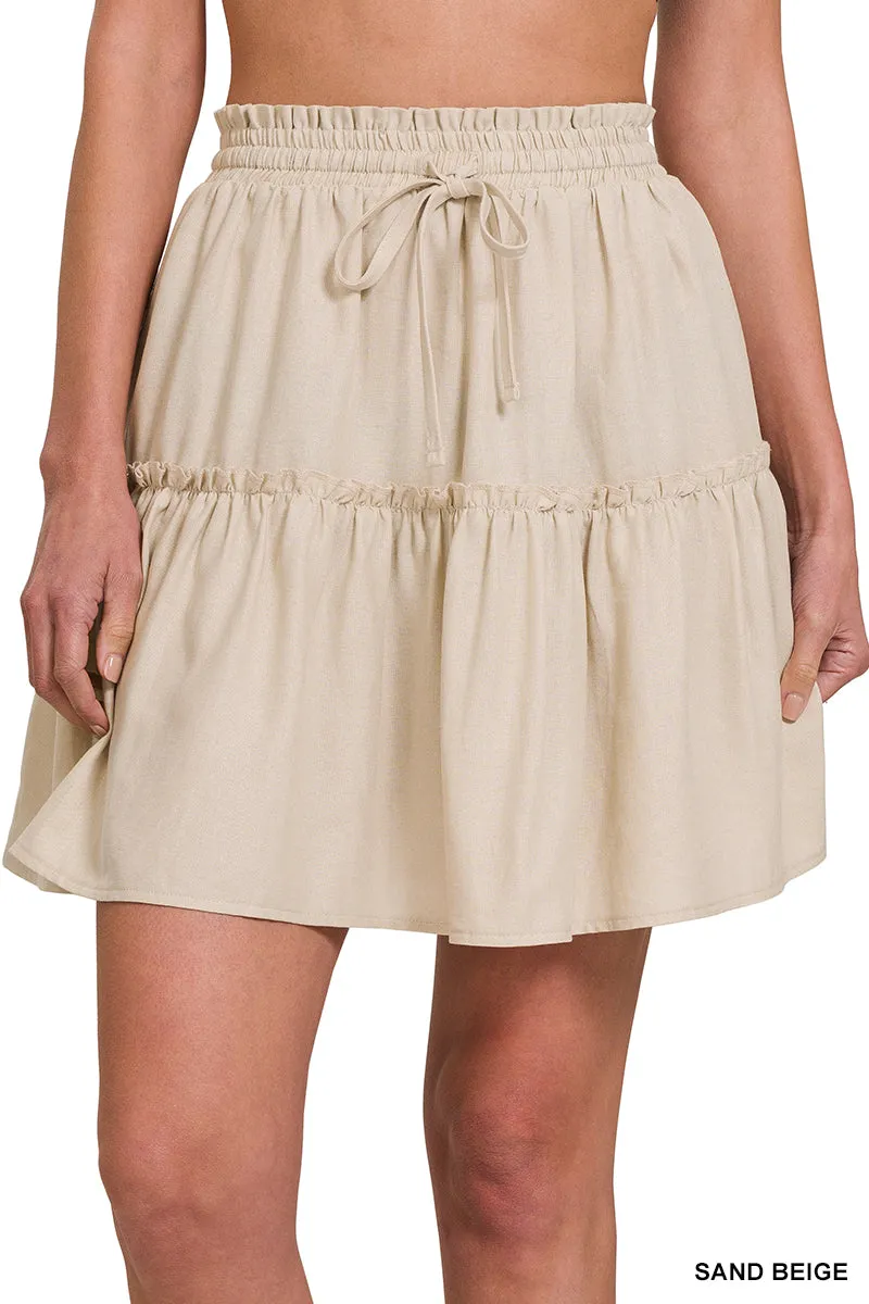 SOFT LINEN DRAWSTRING RUFFLE MINI SKIRT - Sand Beige