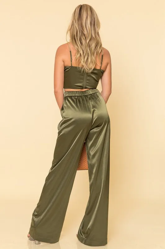SOLID SATIN GOLD CHAIN STRAP TOP & WIDE PANTS SET