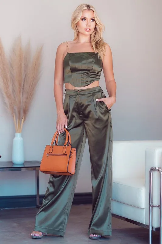 SOLID SATIN GOLD CHAIN STRAP TOP & WIDE PANTS SET