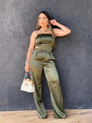SOLID SATIN GOLD CHAIN STRAP TOP & WIDE PANTS SET