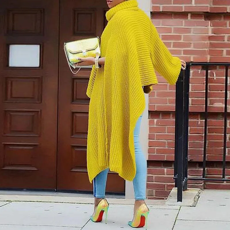 Solid Turtleneck Long Sleeve Slit Pullover Sweaters