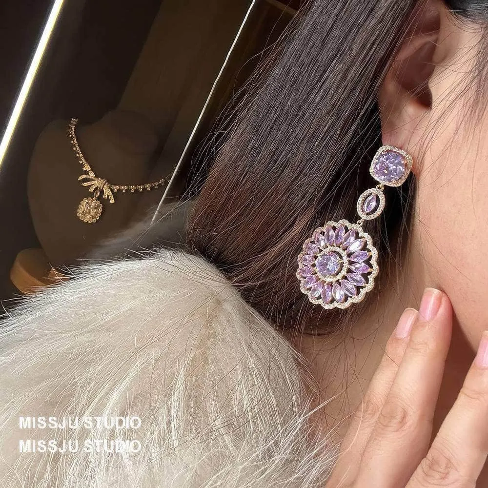 Sparkly Diamante Pendant Chandelier Amethyst Crystal Earrings