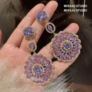 Sparkly Diamante Pendant Chandelier Amethyst Crystal Earrings