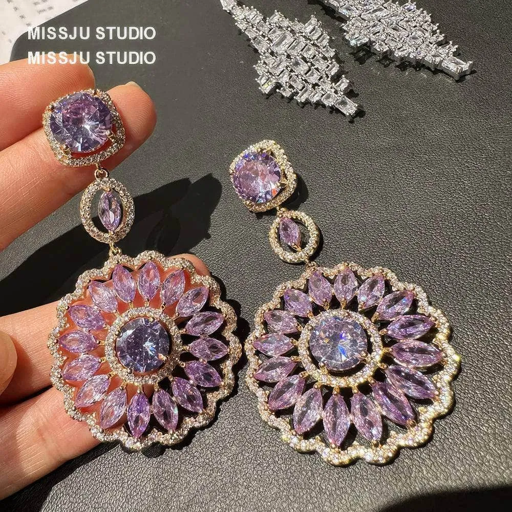 Sparkly Diamante Pendant Chandelier Amethyst Crystal Earrings