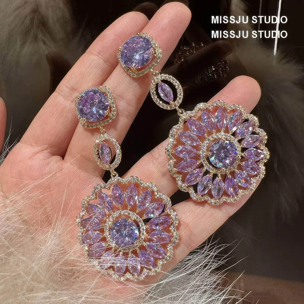 Sparkly Diamante Pendant Chandelier Amethyst Crystal Earrings