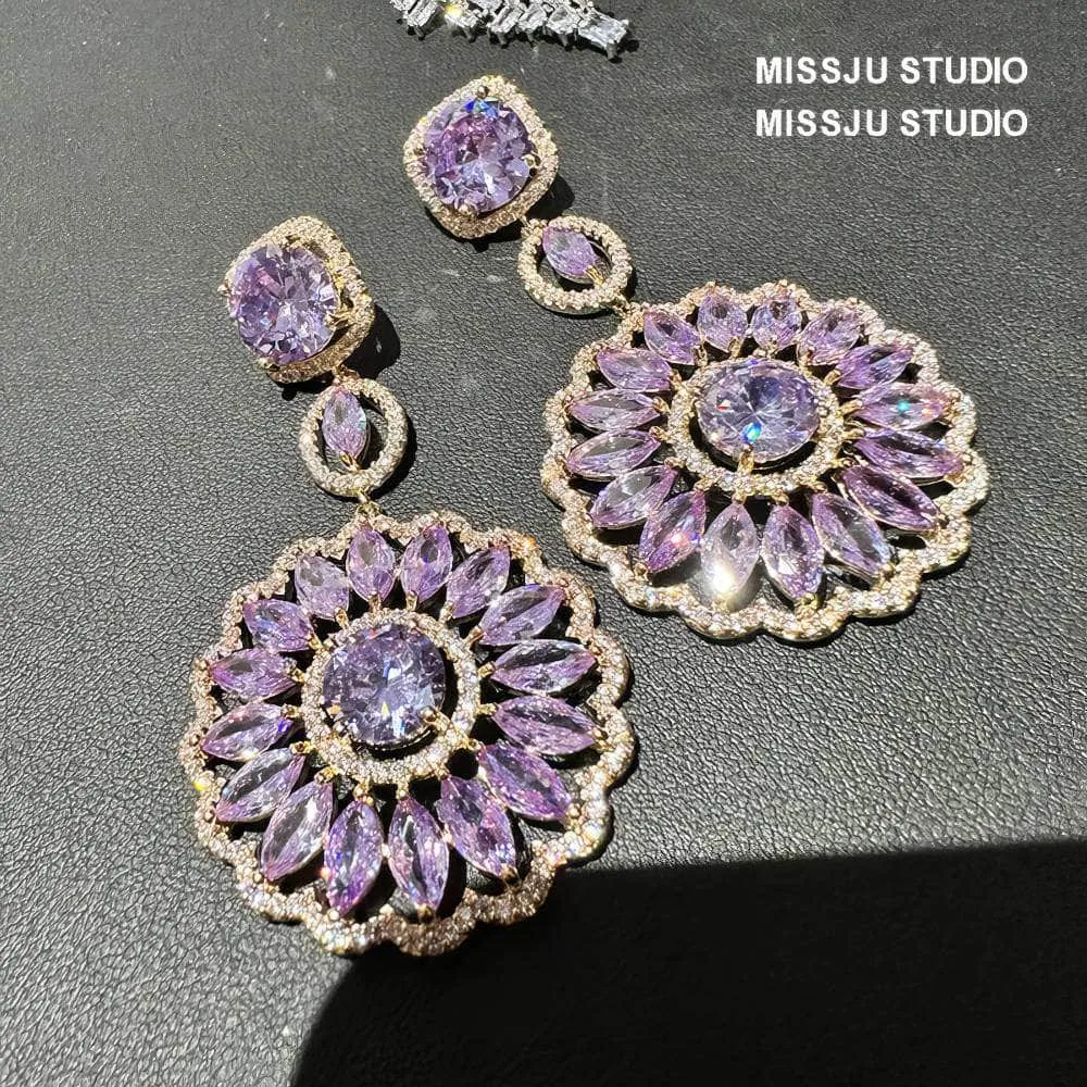 Sparkly Diamante Pendant Chandelier Amethyst Crystal Earrings