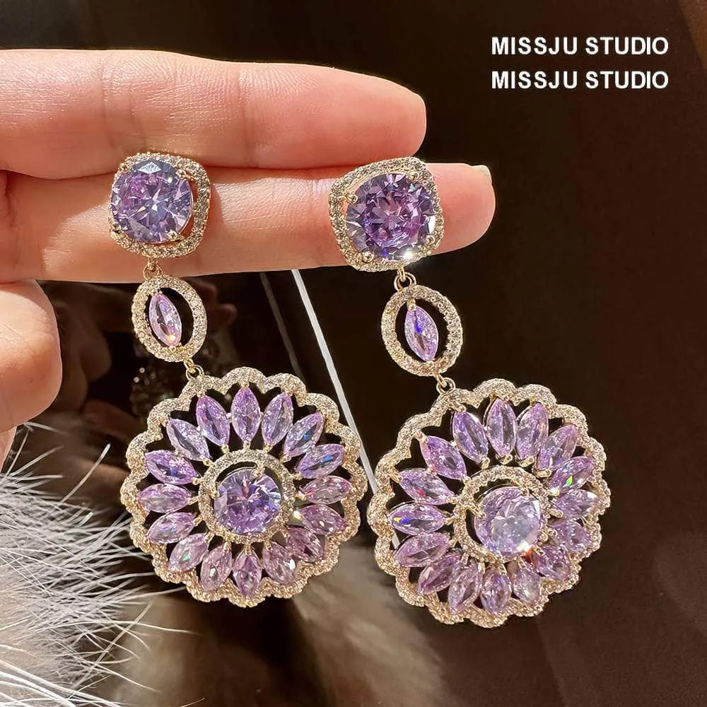 Sparkly Diamante Pendant Chandelier Amethyst Crystal Earrings