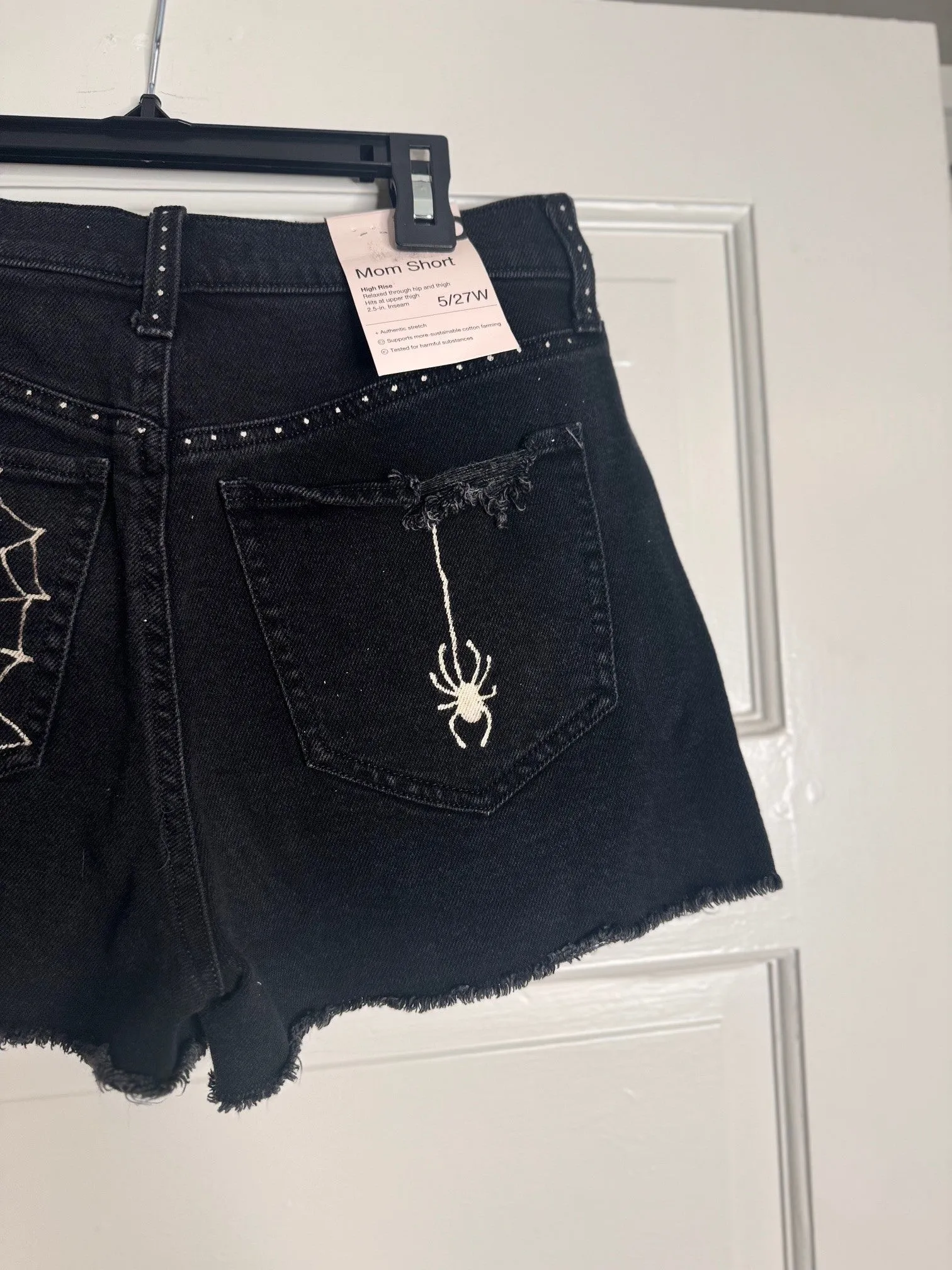 Spider  and Web Hand Bleached Halloween Shorts -  SO Black MOM Shorts Size 5/27W Distressed with Raw Hem