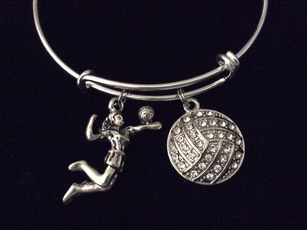 Spike It Volleyball Girl Charm on a Silver Expandable Bracelet Adjustable Silver Wire Bangle Sports Team Gift Trendy Handmade