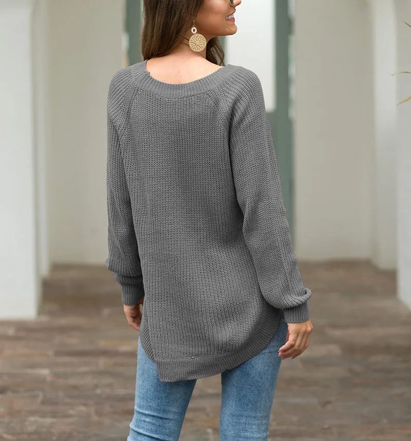 Split Round Neck Long Sleeve Pullover Sweater