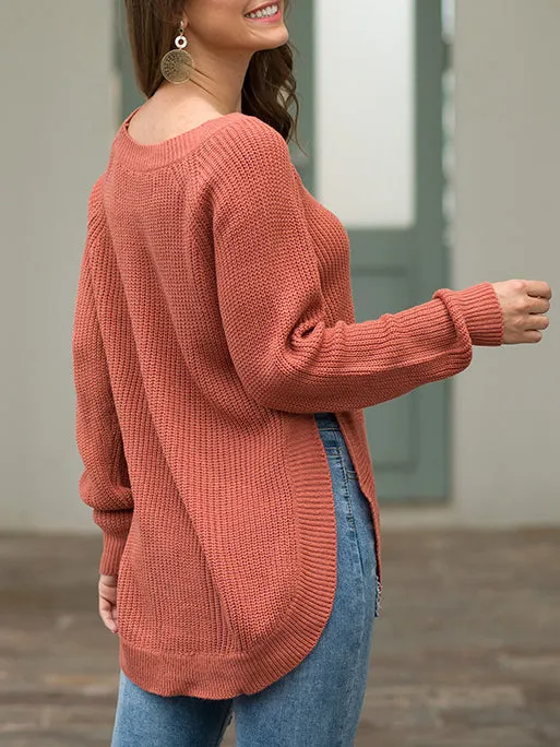 Split Round Neck Long Sleeve Pullover Sweater
