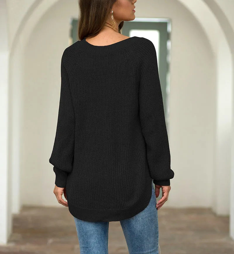 Split Round Neck Long Sleeve Pullover Sweater