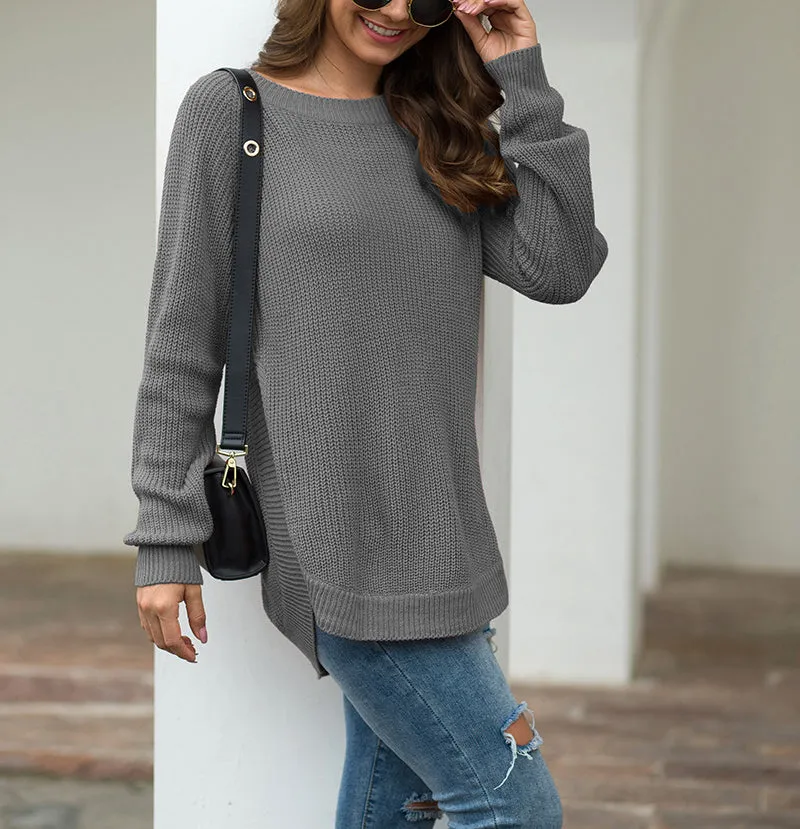 Split Round Neck Long Sleeve Pullover Sweater