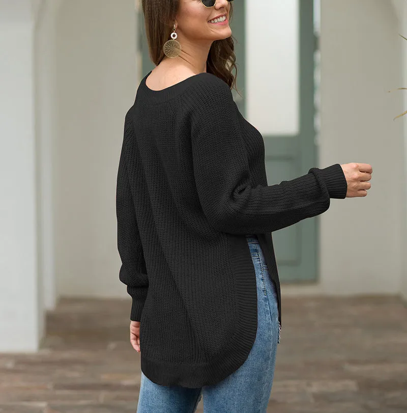 Split Round Neck Long Sleeve Pullover Sweater