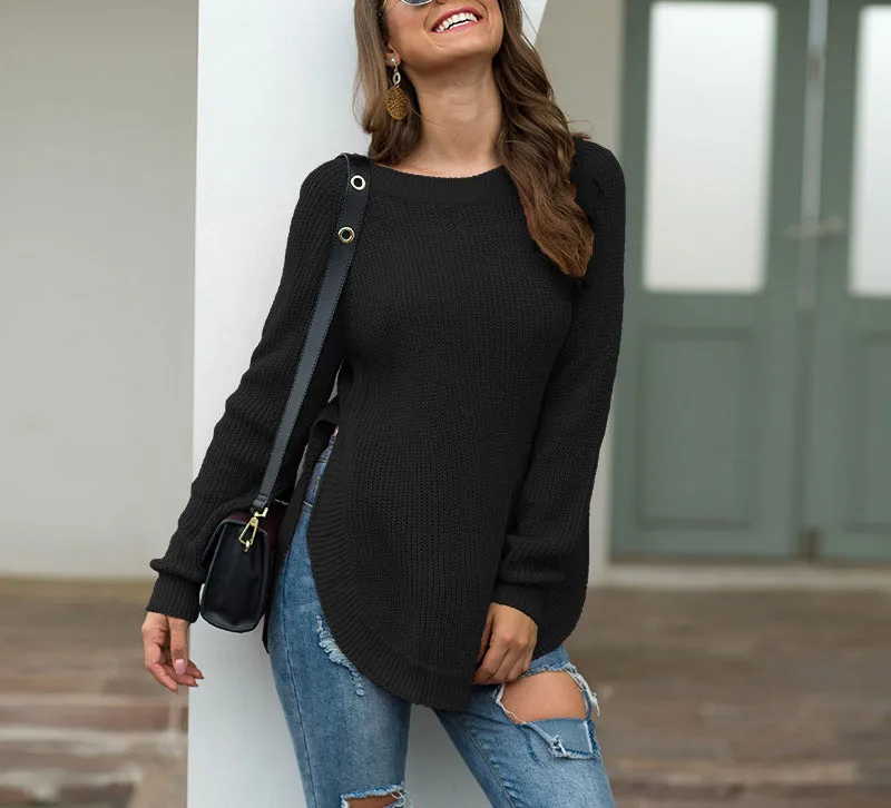 Split Round Neck Long Sleeve Pullover Sweater