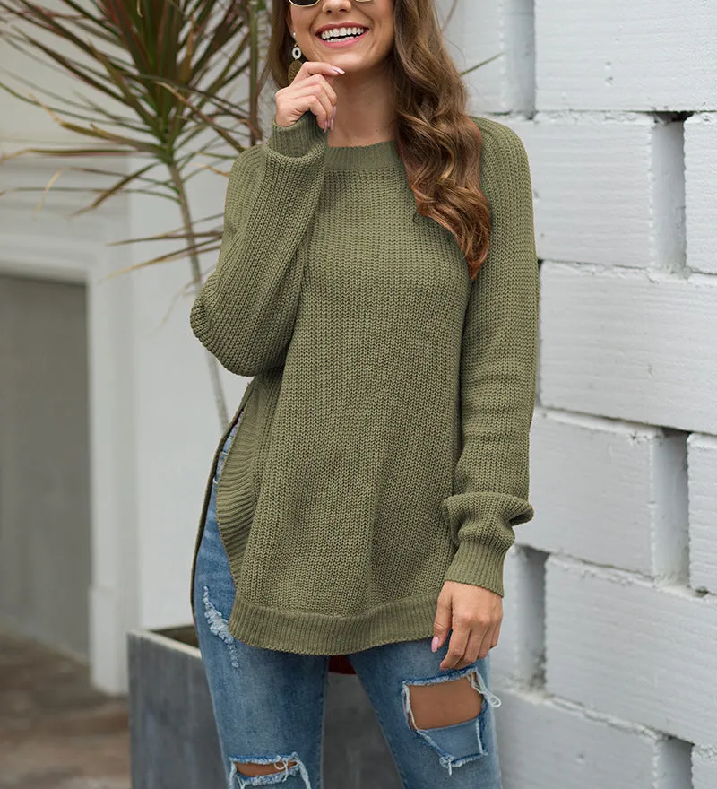 Split Round Neck Long Sleeve Pullover Sweater