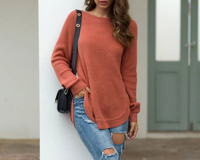 Split Round Neck Long Sleeve Pullover Sweater