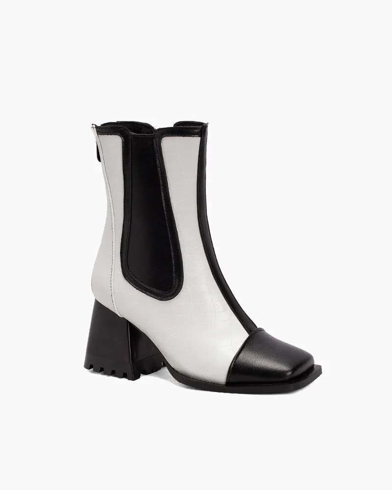 Square Toe Chunky Block Mid Heel Zipper Boots