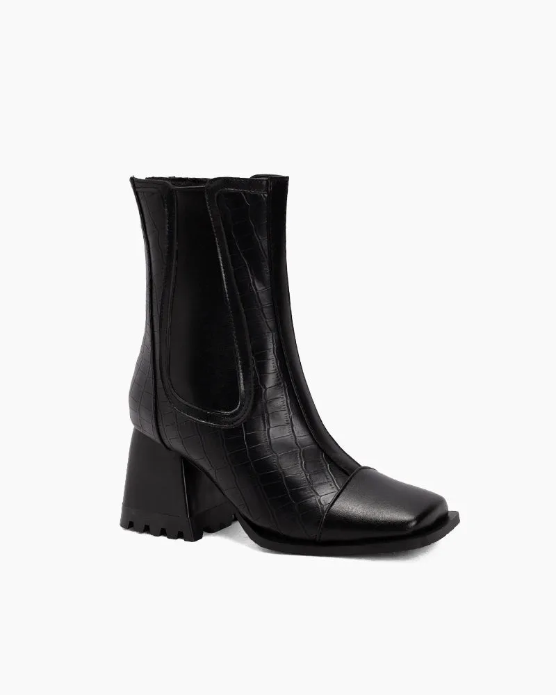 Square Toe Chunky Block Mid Heel Zipper Boots
