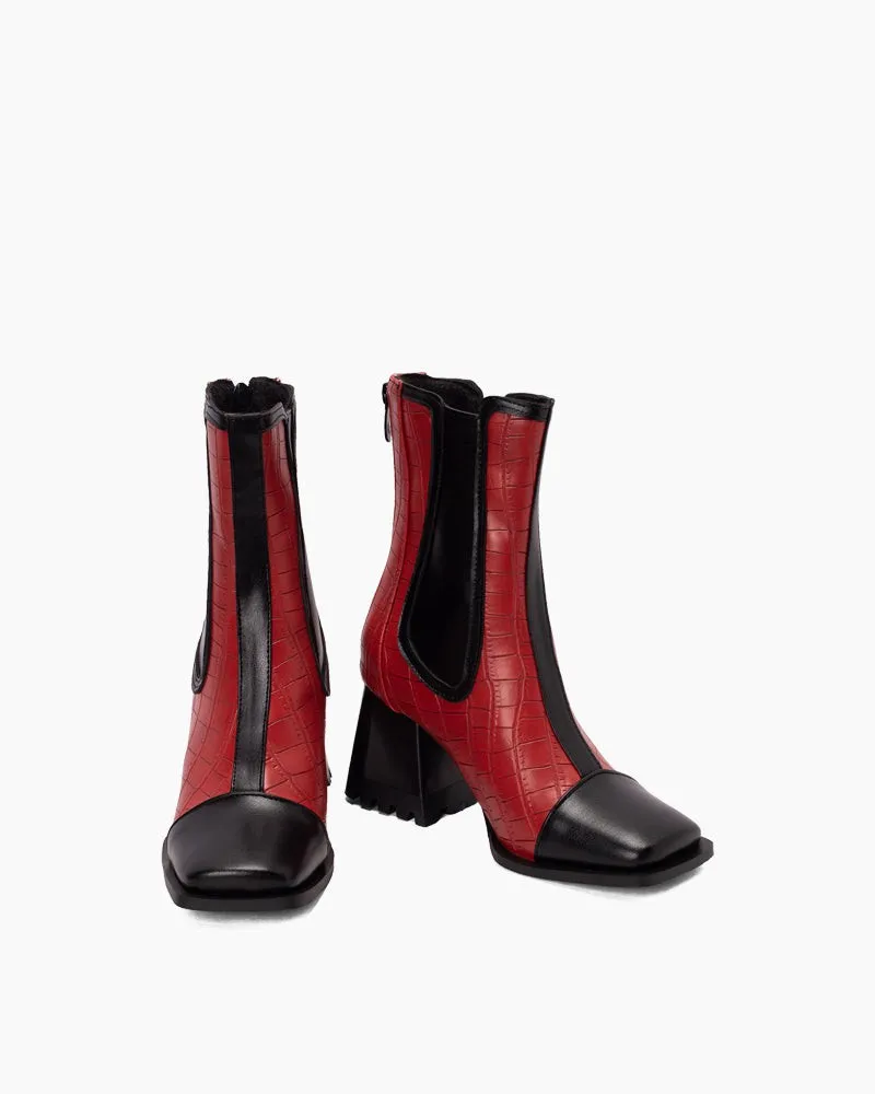 Square Toe Chunky Block Mid Heel Zipper Boots