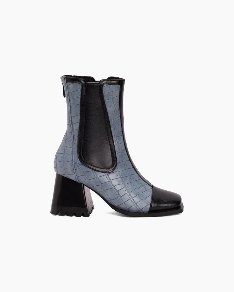 Square Toe Chunky Block Mid Heel Zipper Boots