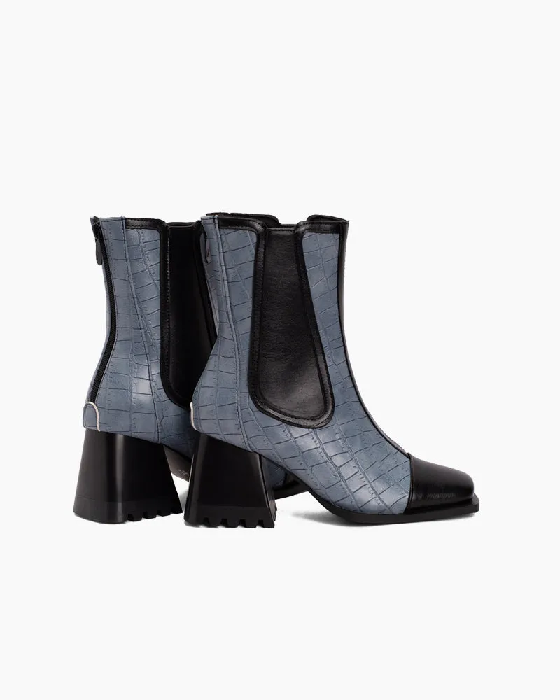 Square Toe Chunky Block Mid Heel Zipper Boots