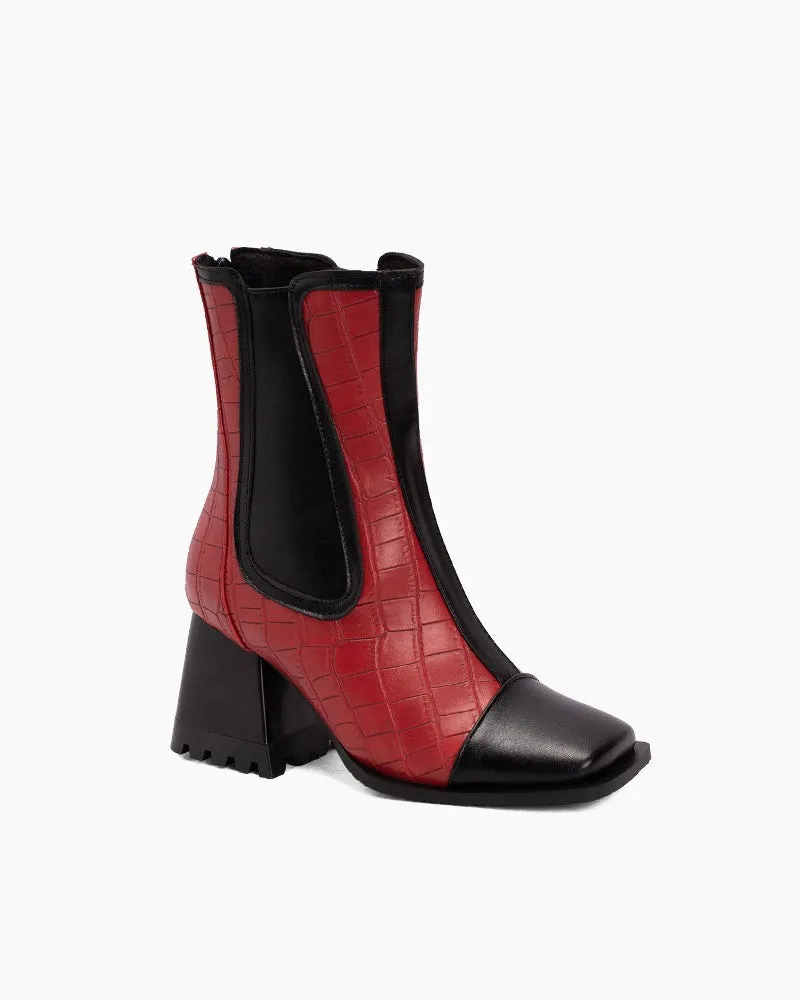 Square Toe Chunky Block Mid Heel Zipper Boots